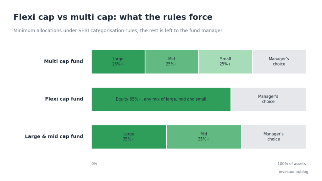 Flexi cap vs multi cap diagram showing minimum allocations to large, mid and small cap companies